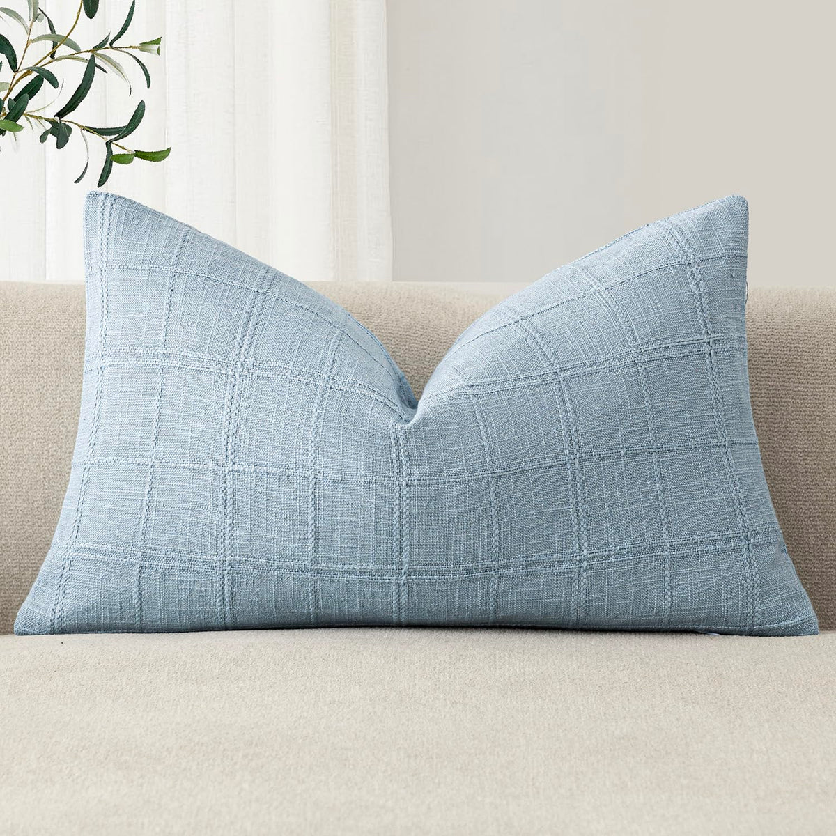 Foindtower Set of 1 Decorative Linen Check Throw Pillow Cover Neutral Farmhouse Lumbar Cushion Cover Modern Boho Home Decor for Sofa Chair Couch Bedroom Living Room,12×20 Inch,Olive Green