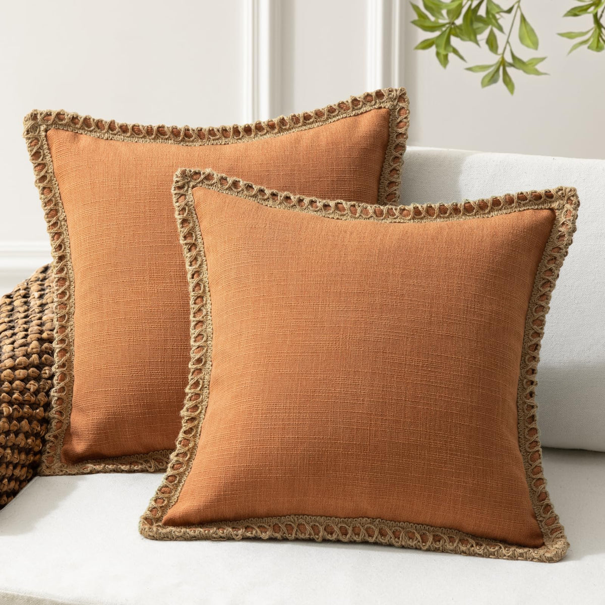 Phantoscope Pack of 2 Coastal Aqua Pillow Covers 18x18, Textured Polyester with Rope Trim, Fade Resistant Vintage Turquoise Blue Decorative Cushion Cases, Hidden Zipper, Farmhouse Boho Beach Decor
