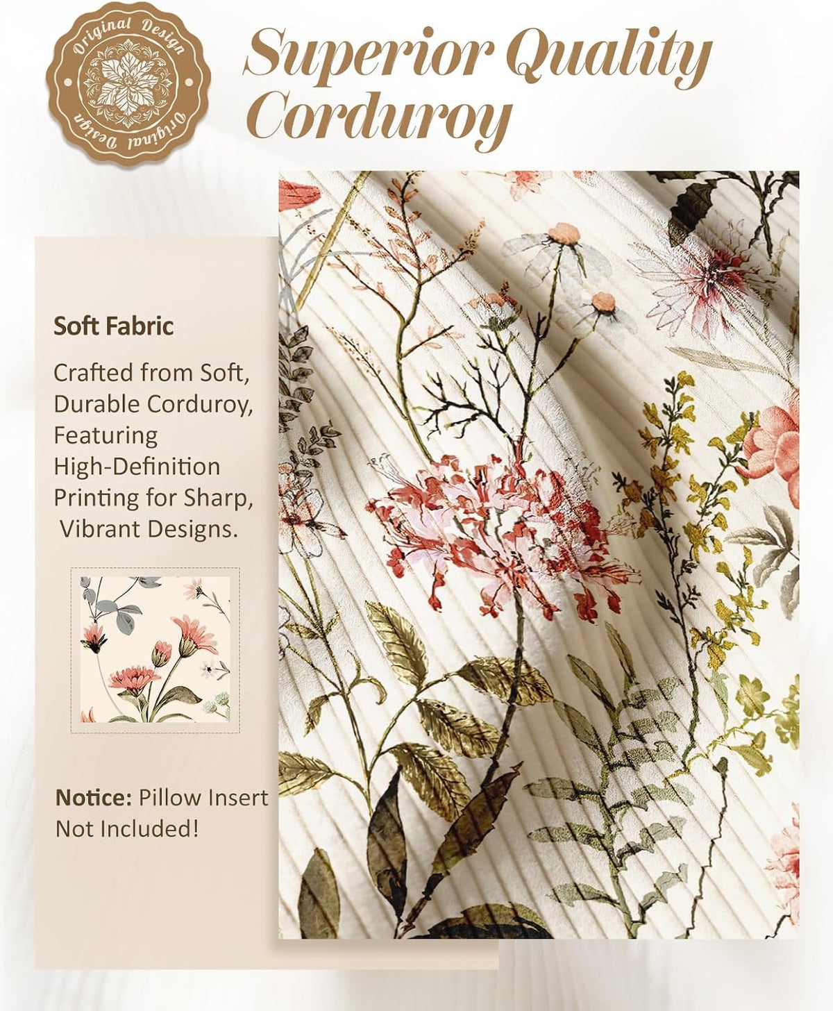 Corduroy Throw Pillow Covers 18x18 - Set of 2 Decorative Spring Pillow Covers with Zipper Farmhouse Decor Cottage Throw Pillowcases for Couch Sofa Living Room Home Bedroom, PK Floral
