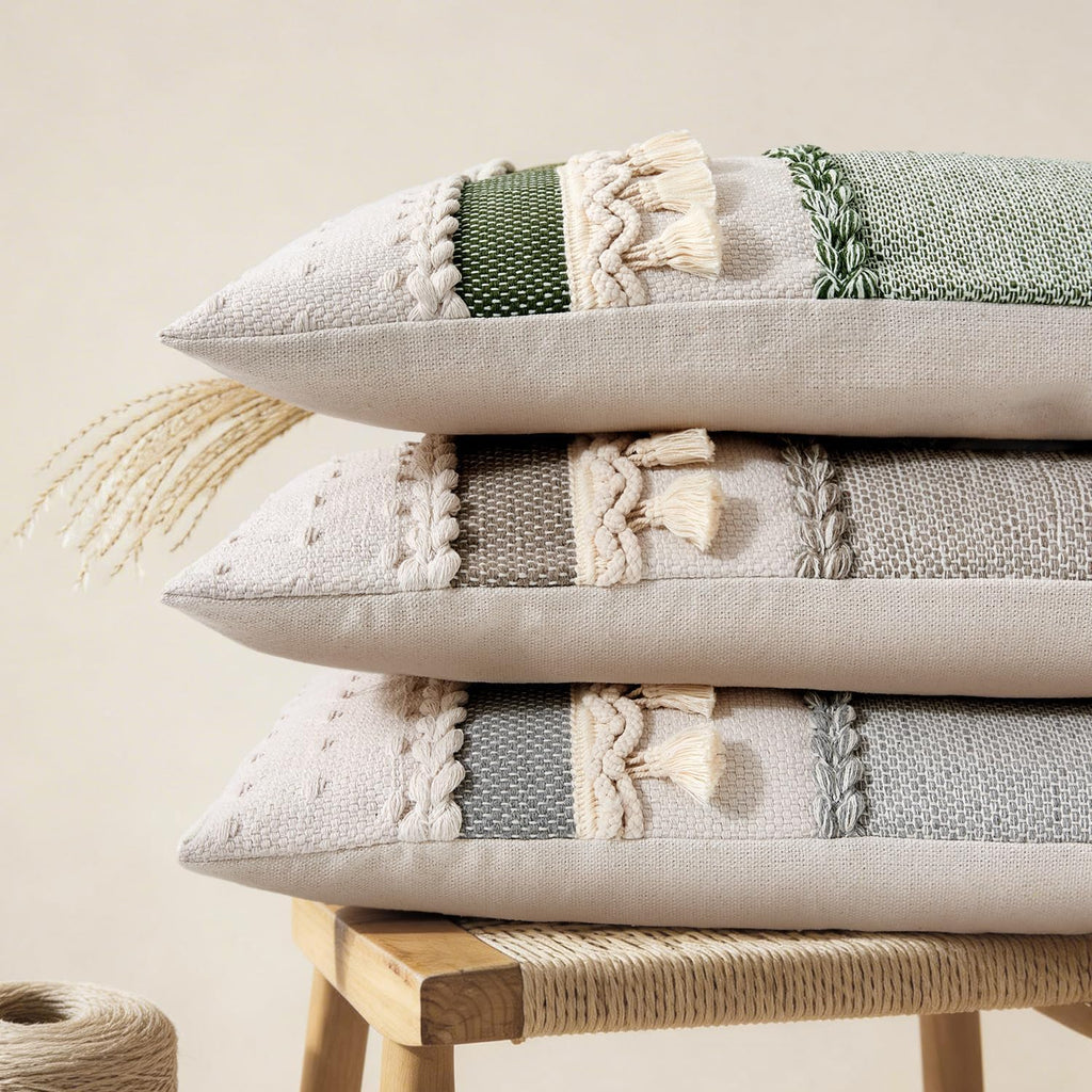 Kevin Textile Boho Tassel 12x20 Inch Lumbar Pillow Cover 1 Pack, Green