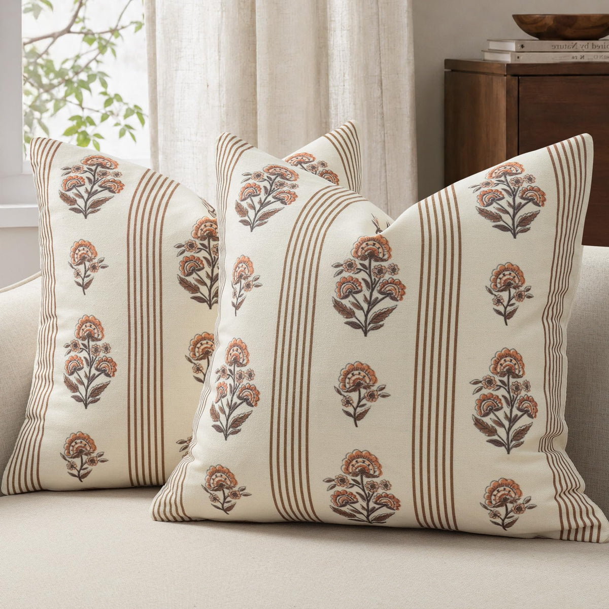 Vintage Throw Pillow Covers 20x20 Set of 2, Striped Floral Fall Pillow Cover Botanical Patterned Decorative Cushion Covers Modern Farmhouse Fall Decor for Sofa Couch Bed Living Room