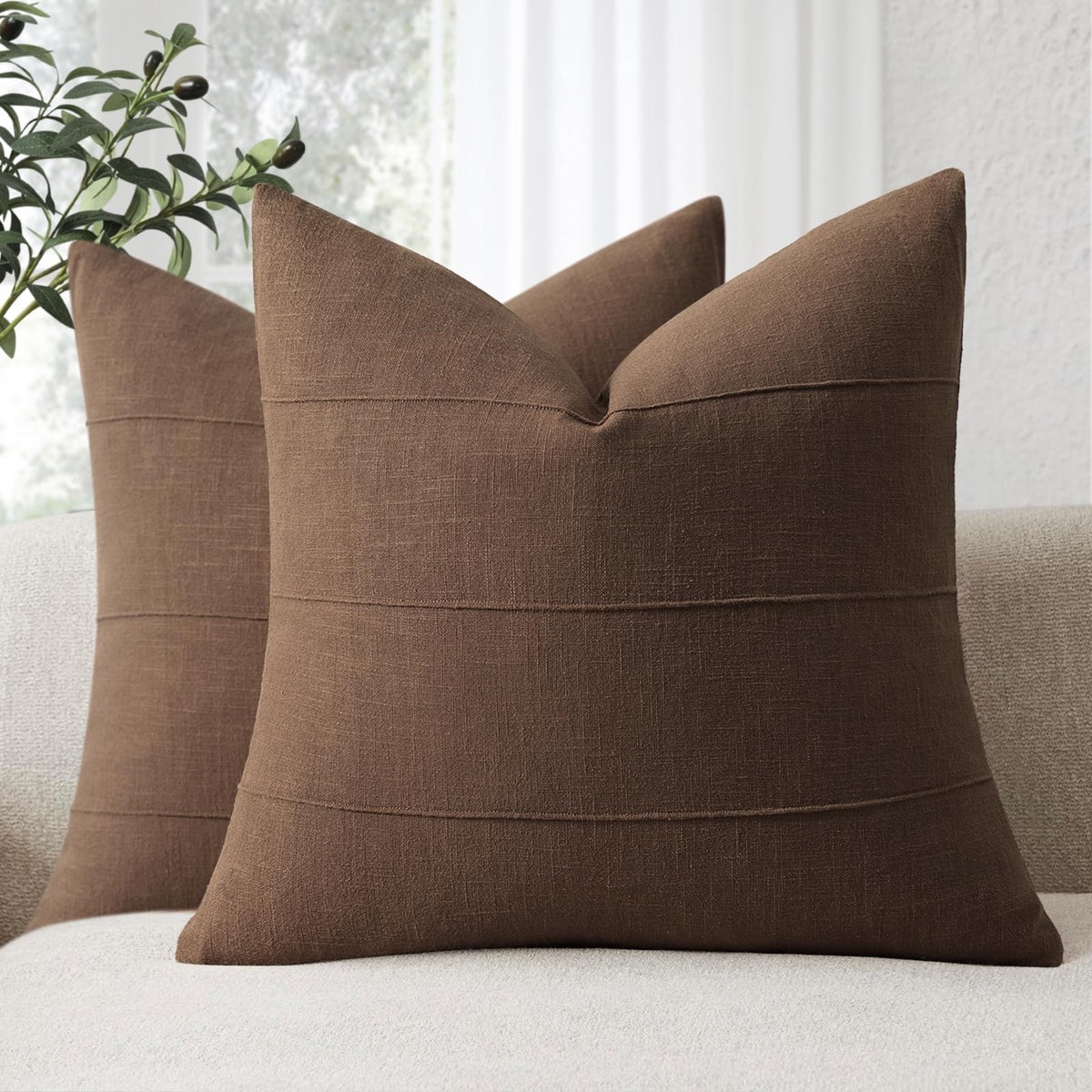 Decorative Linen Throw Pillow Covers 18x18 Set of 2 Solid handcrafted Striped Cushion Covers for Bed Soft Modern Farmhouse Neutral Pillowcase for Couch Bedroom Living Room Home Decor(Cream White)