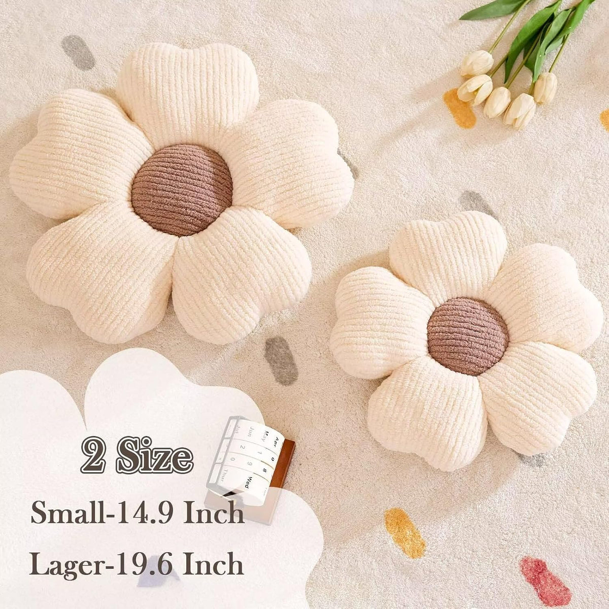 Kcvvcr Flower Throw Pillow, Cute Flower Shaped Pillow Decorative Throw Pillow for Bed Couch, Soft Daisy Pillows Floor Seating Cushion Cushions (14.9 Inch Ivory+Brown)