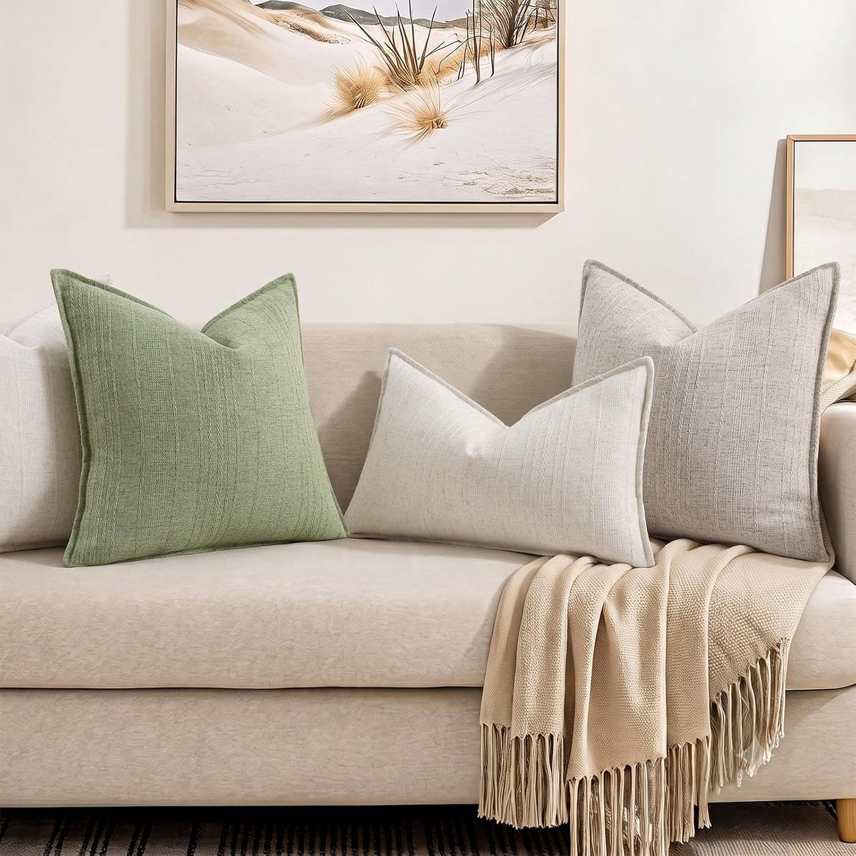 decorUhome Sage Green Textured Linen Throw Pillow Covers 18x18 Set of 2