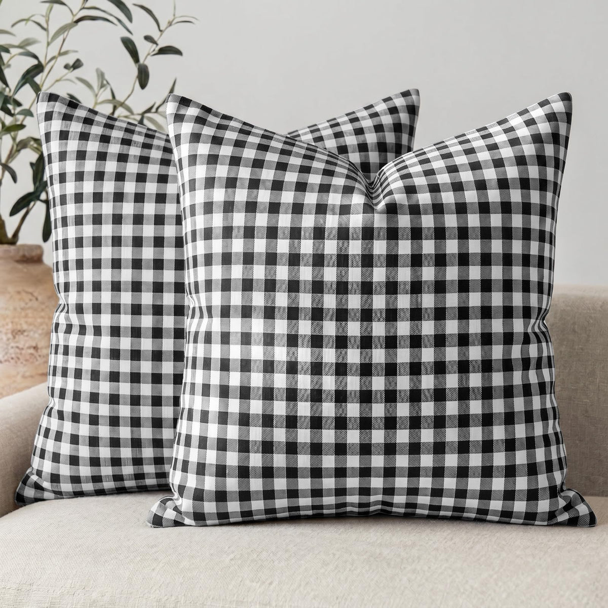 Farmhouse Brown Gingham Checkered Plaid Throw Pillow Covers 20x20 Set of 2