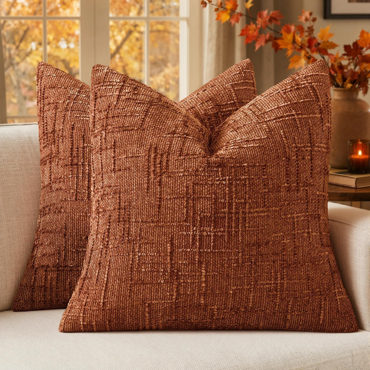 MIULEE Chenille Textured Throw Pillow Covers Cream White 18x18 Set of 2