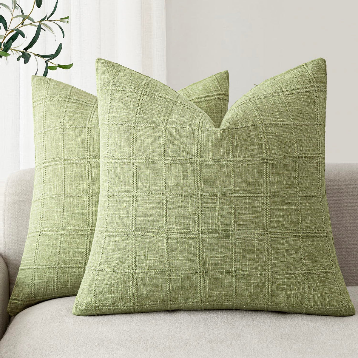 Foindtower Linen Check Decorative Throw Pillow Covers 18×18 Natural Beige