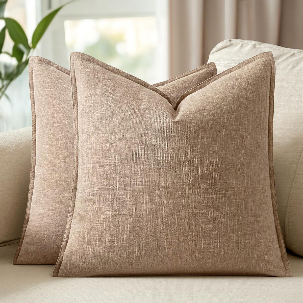 Set of 2 Linen Solid Throw Pillow Covers 20x20 Inch Dark Olive Green