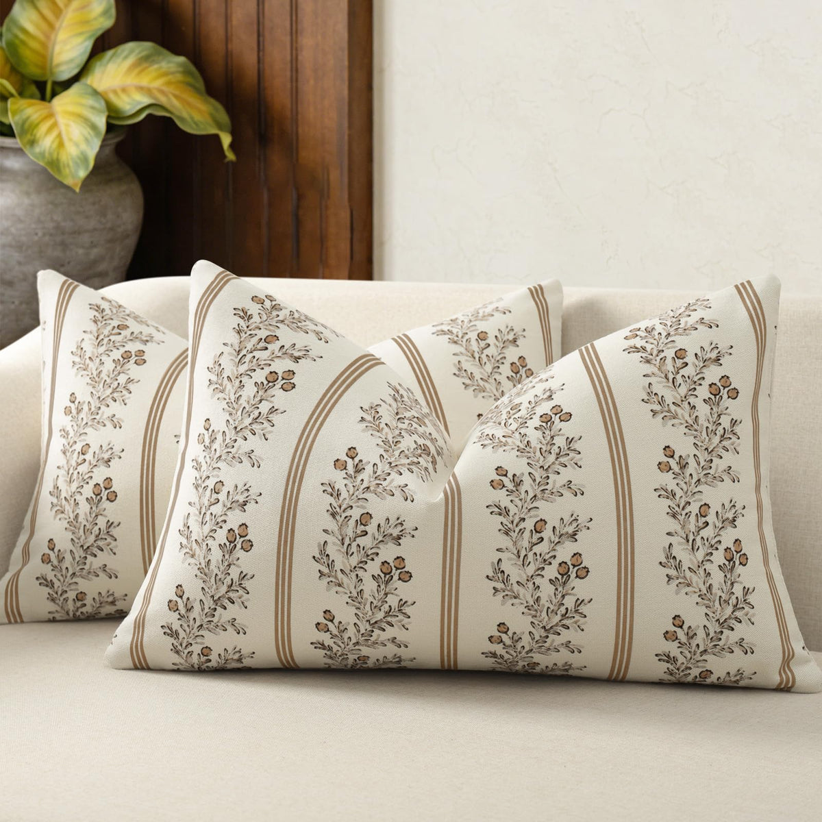 Vintage Throw Pillow Covers 20x20 Set of 2, Striped Floral Pillow Cover Botanical Patterned Decorative Cushion Covers Modern Farmhouse Home Decor for Sofa Couch Bed Living Room, Light Blue