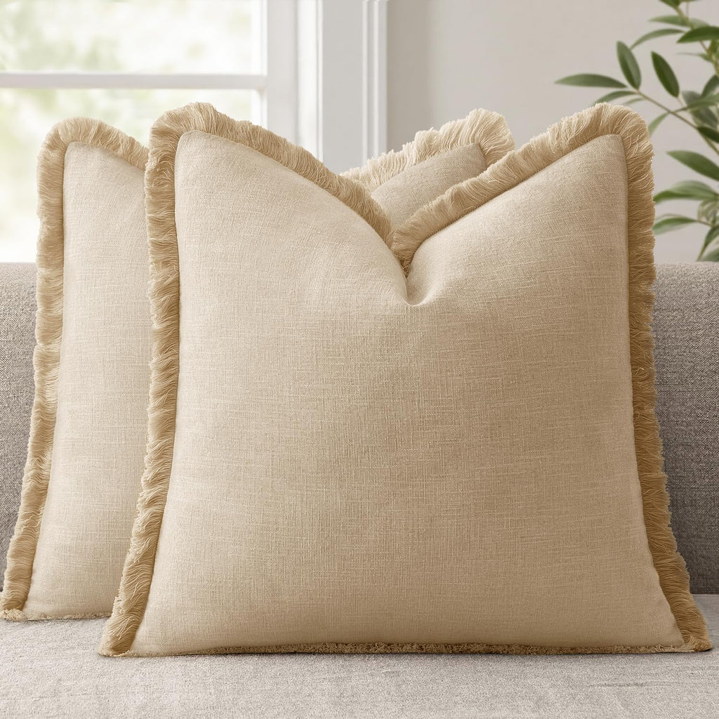 ANRODUO Decorative Linen Fringe Pillow Covers 18×18 Inch Sage Green 2 Pack