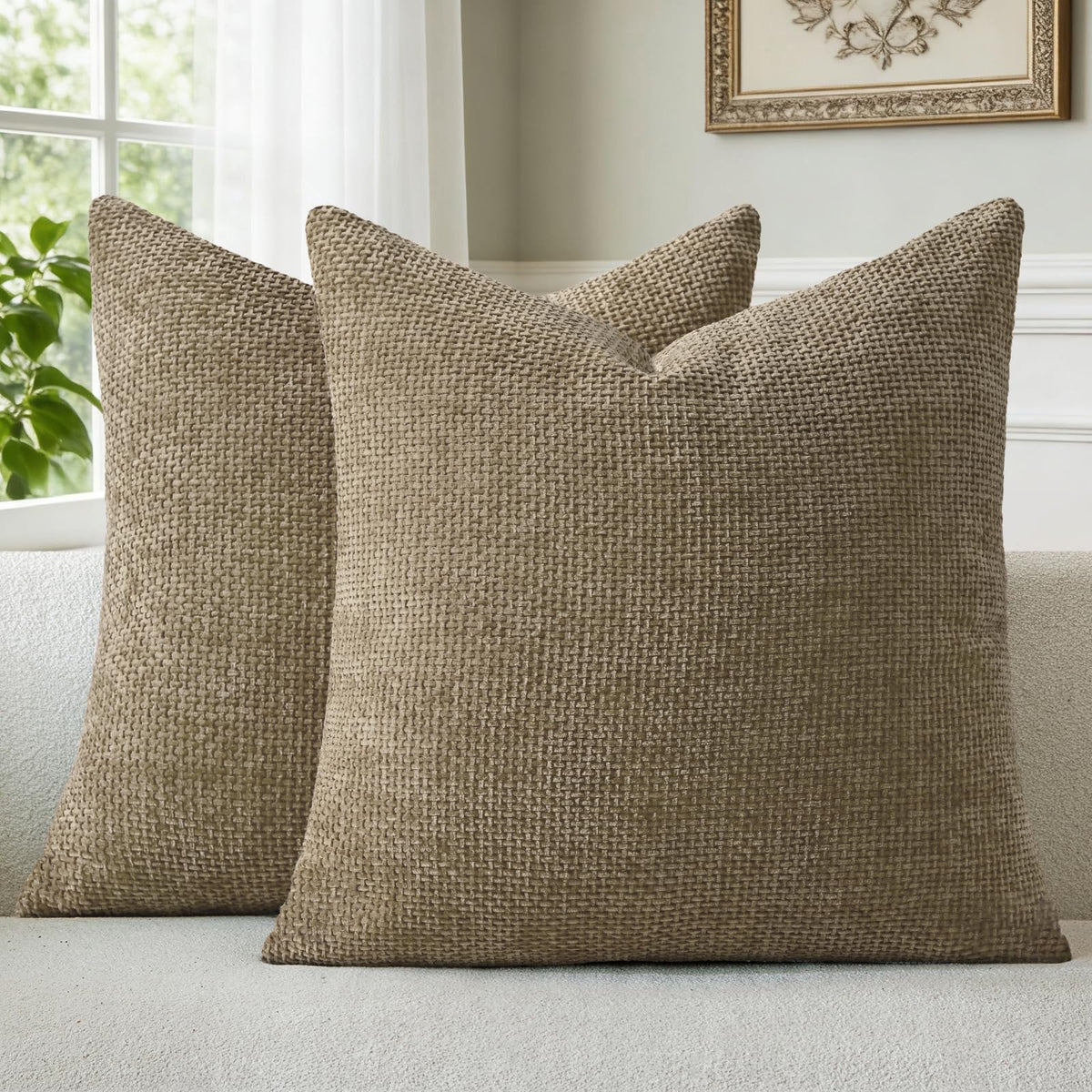 a moment Light Green Chenille Throw Pillow Covers 20x20 Inch Pack of 2 Modern Decorative Throw Pillow Covers Farmhouse Cross Covers Home Decor for Sofa Bedroom Living Room Spring