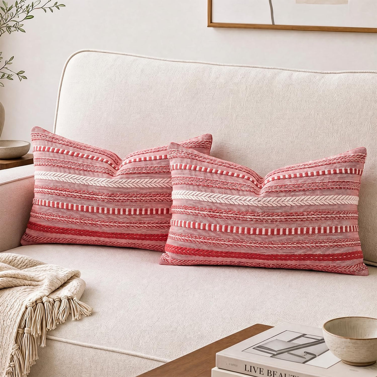 AVOIN colorlife Black Boho Decorative Throw Pillow Covers Set of 2, 18 x 18 Inch Woven Stripe Textured Rustic Cushion Case Home Decor for Living Room Couch Sofa