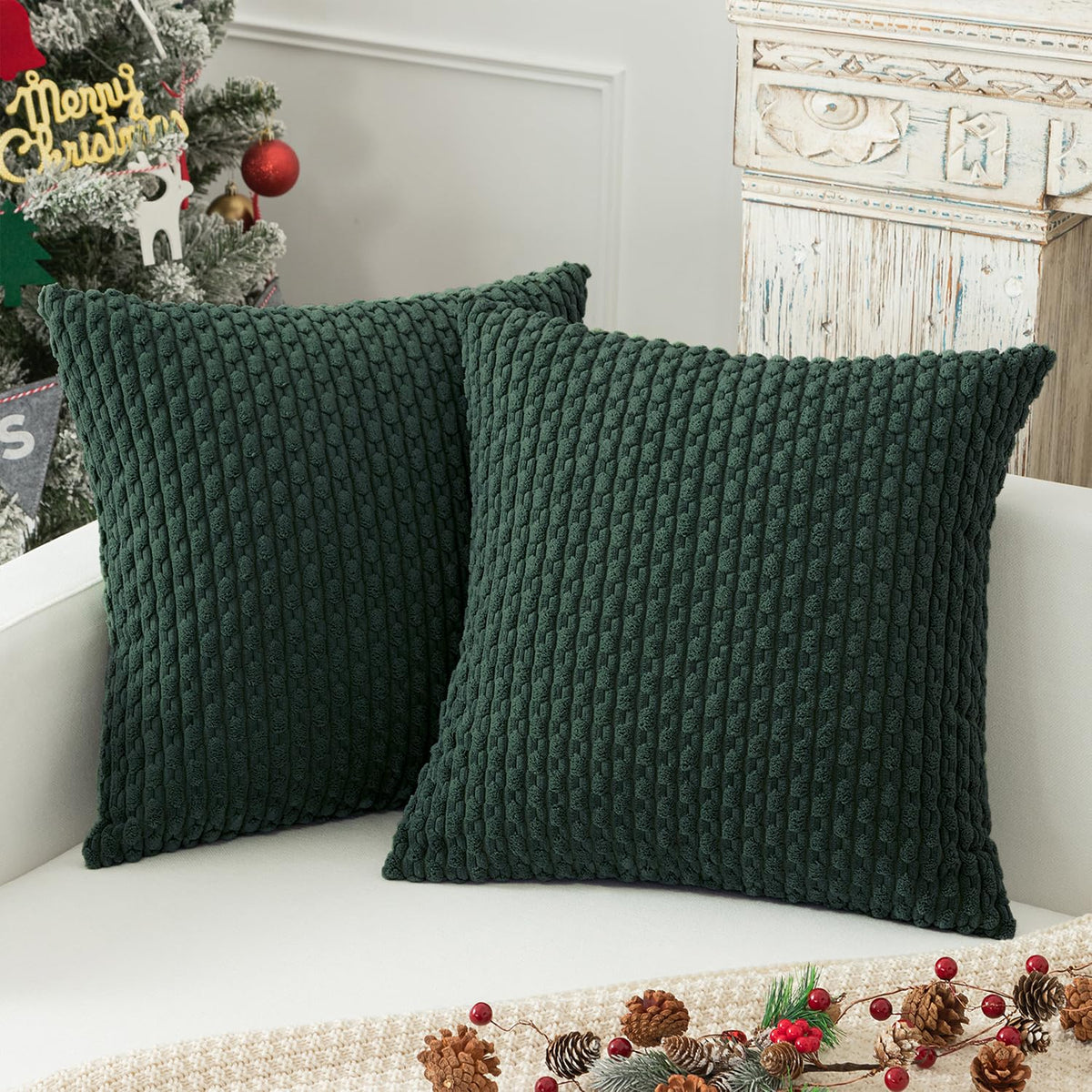 Kevin Textile Soft Corduroy 18x18 Inch Pillow Covers 2 Pack, Dark Green