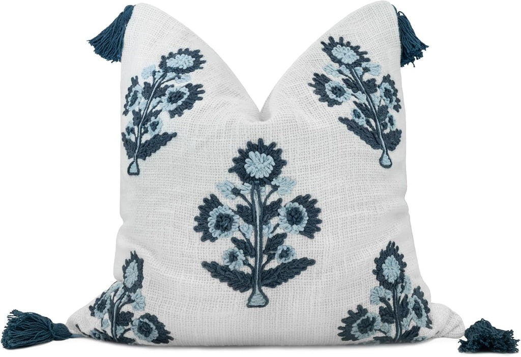 Blue Floral Hand Embroidered 20x20 Pillow Cover, Ivory