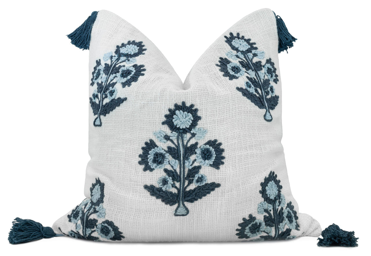 Blue Floral Hand Embroidered 20x20 Pillow Cover, Ivory