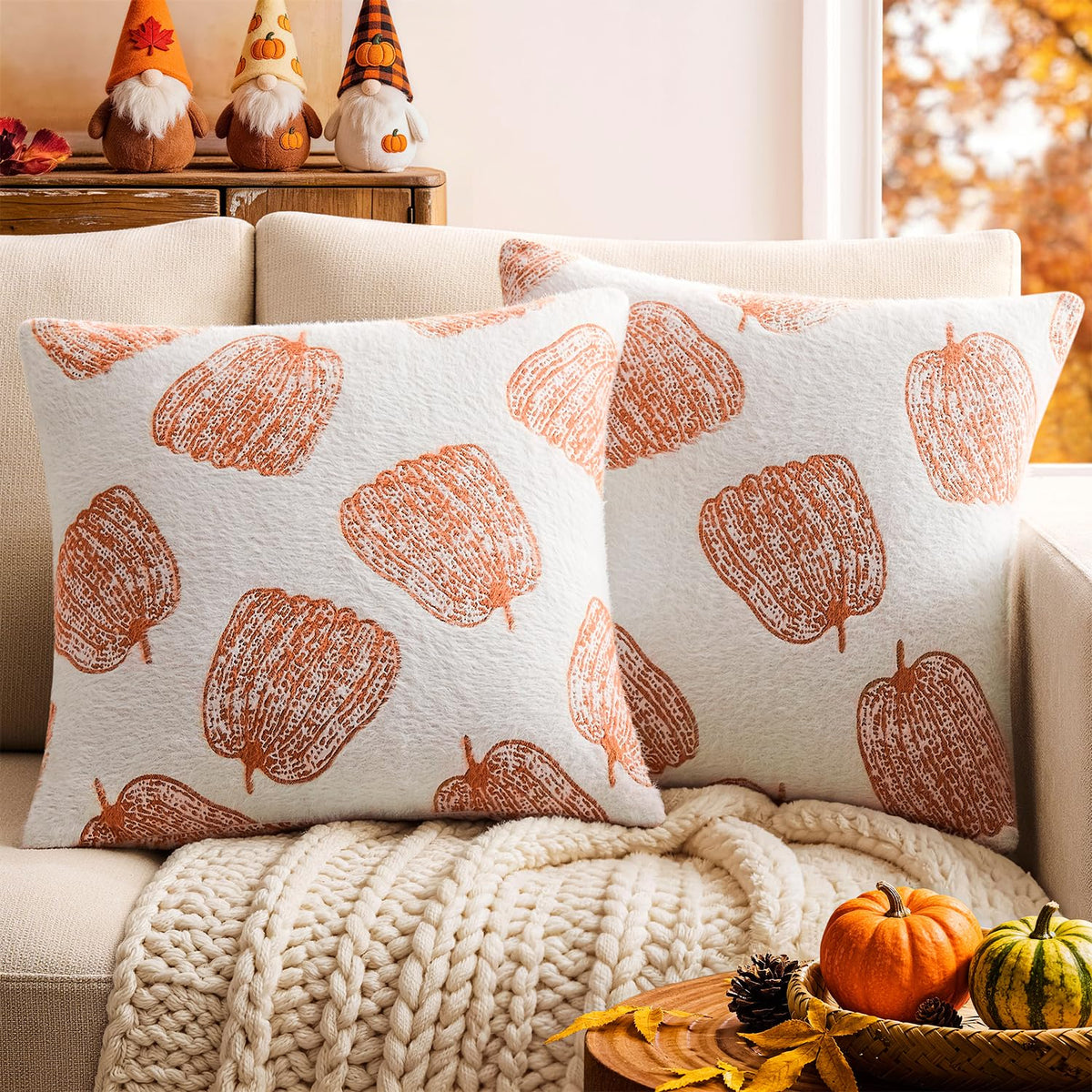 Throw Pillow Covers Set of 2 18x18 White Pumpkins Fall Camel Covers, Soft Faux Decorative Yellow Covers for Couch Sofa Bed Living Room, Farmhouse Home Boho Decor