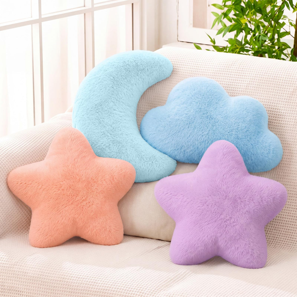 Junkin 4 Pcs Plush Cloud Star Moon Throw Pillow Set, Multicolored