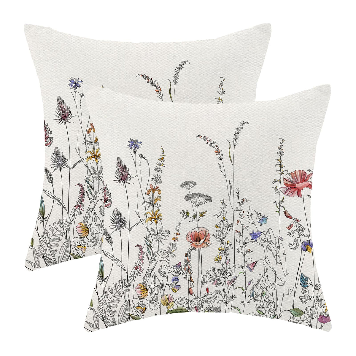 AEIOAE Spring Pillow Covers 18x18 Inch Set of 2,Blue Teal Wild Flower Plant Throw Pillows Case,Seasonal Floral Outdoor Decorative Square Linen Farmhouse Decor Cushion Covers for Home Sofa Bed Couch