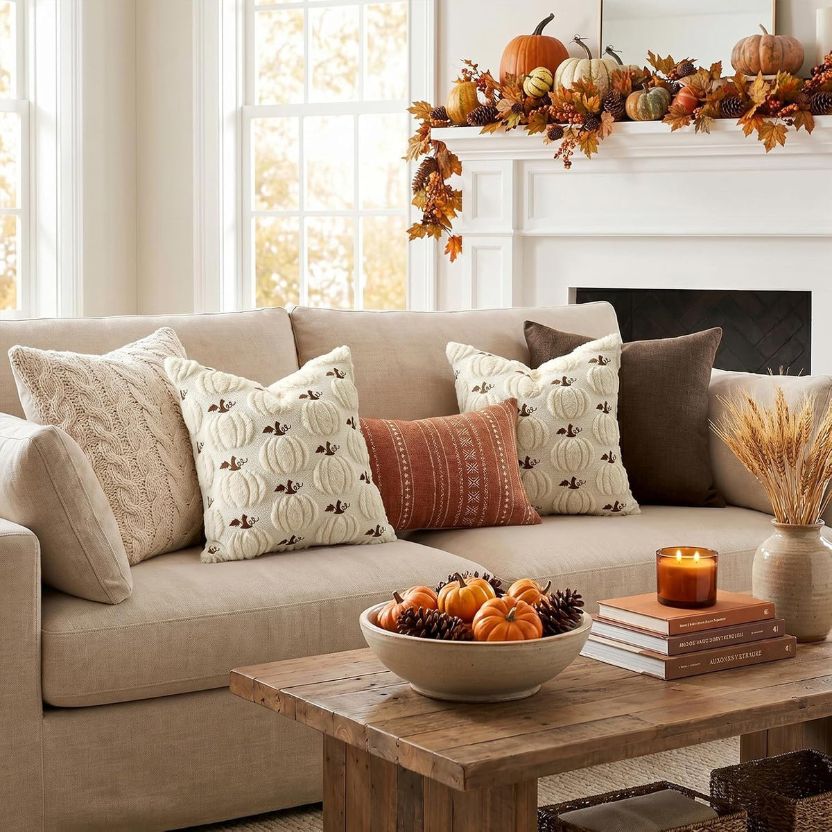 Artscope Fall Pumpkin Throw Pillow Covers 18x18 Set of 2, Autumn Soft Plush Faux Fur Decoration Cushion Covers for Thanksgiving Holiday Couch Sofa Bedroom Home Decor-Beige