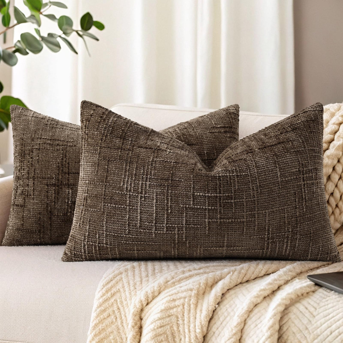 decorUhome Textured Chenille Throw Pillow Covers 18x18 Set of 2 Ivory