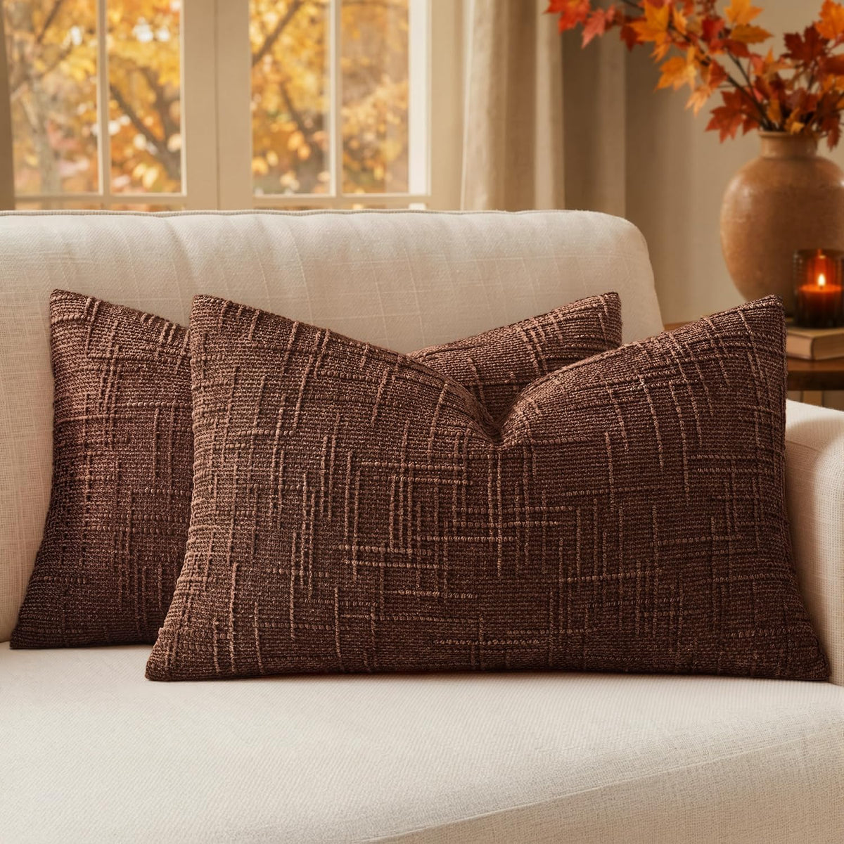 MIULEE Chenille Textured Throw Pillow Covers Cream White 18x18 Set of 2
