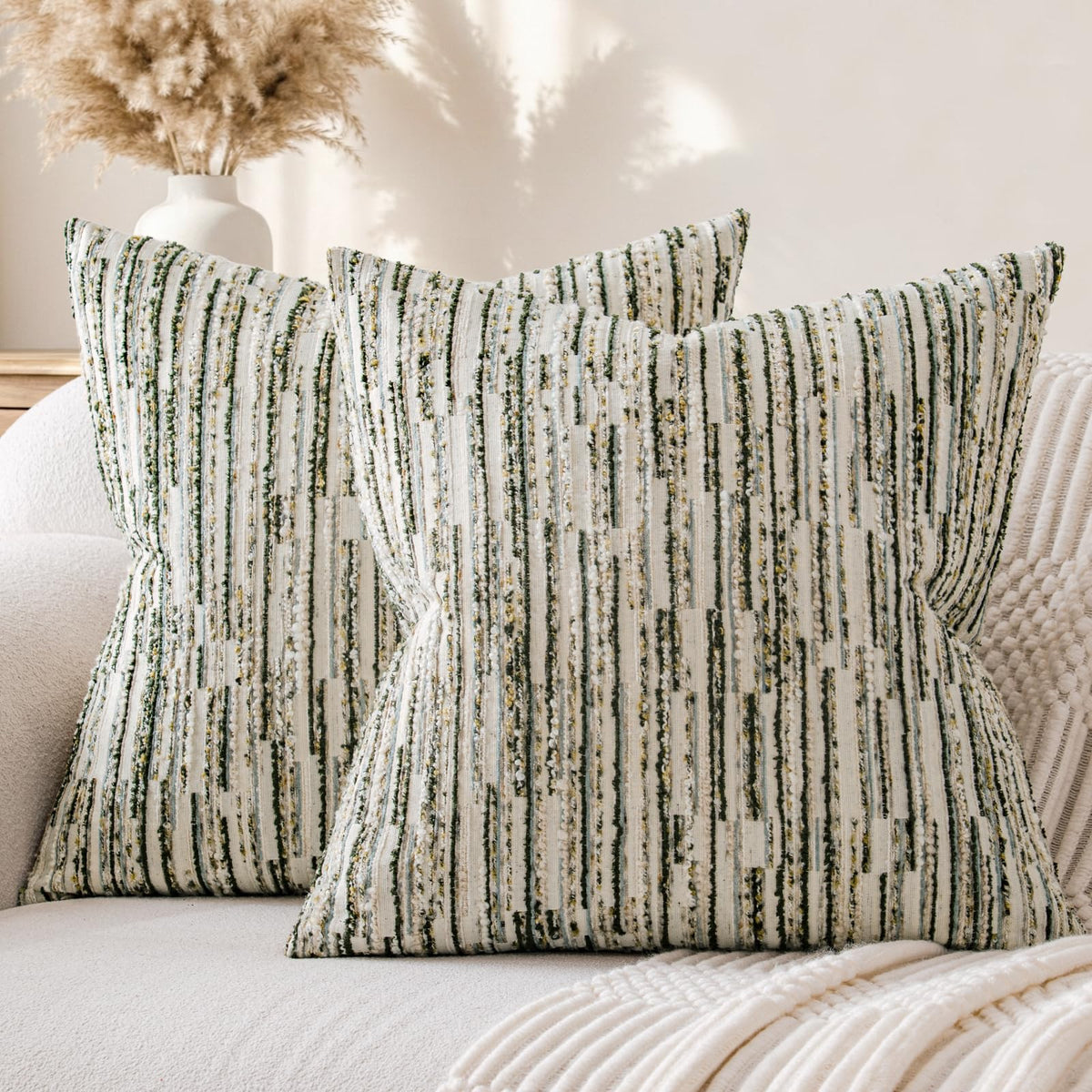 Boho Striped Decorative Throw Pillow Covers 20"X20" Set of 2,Moss Green