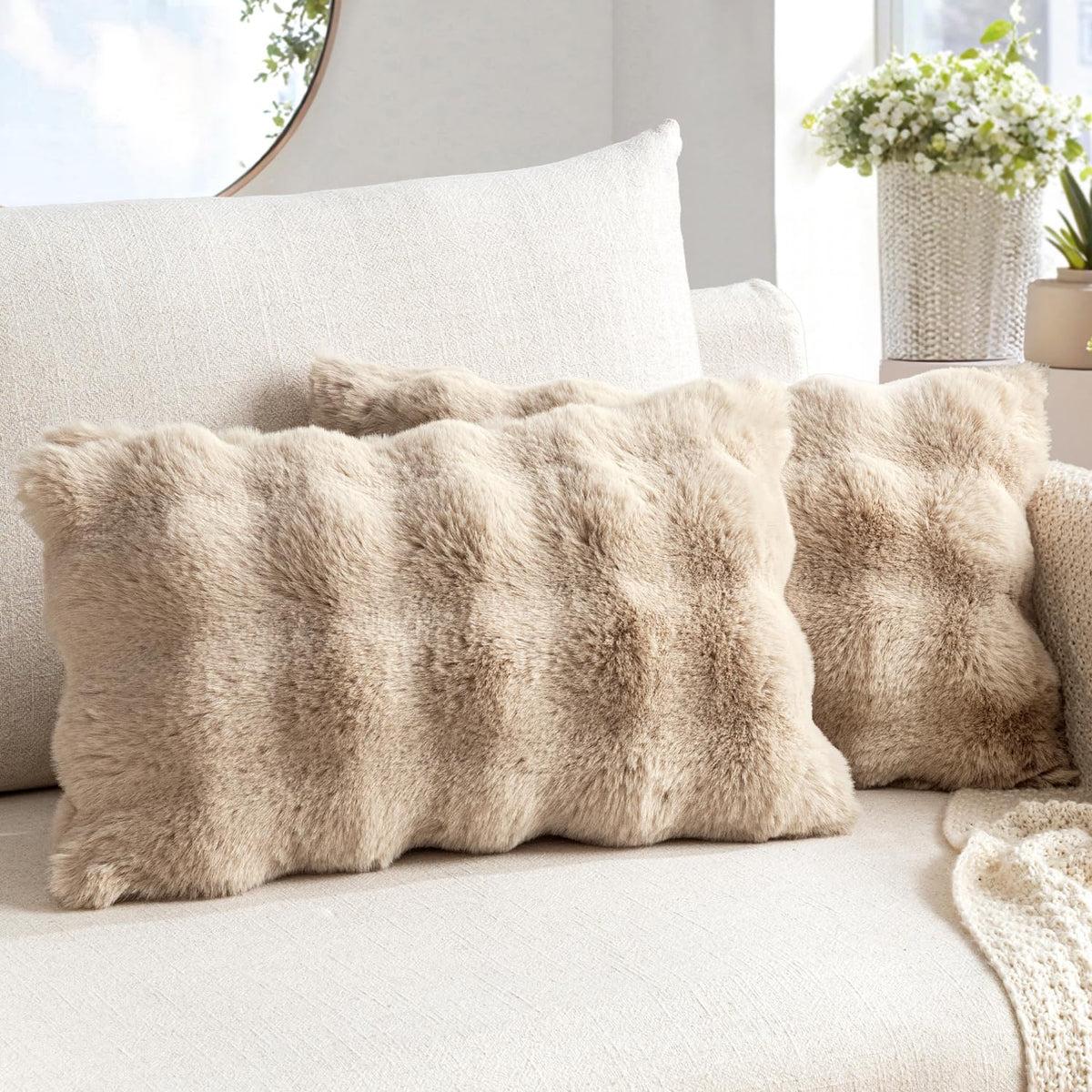 MIULEE Pack of 2 Faux Fur Fluffy Pillow Covers 18x18 Inch, Khaki