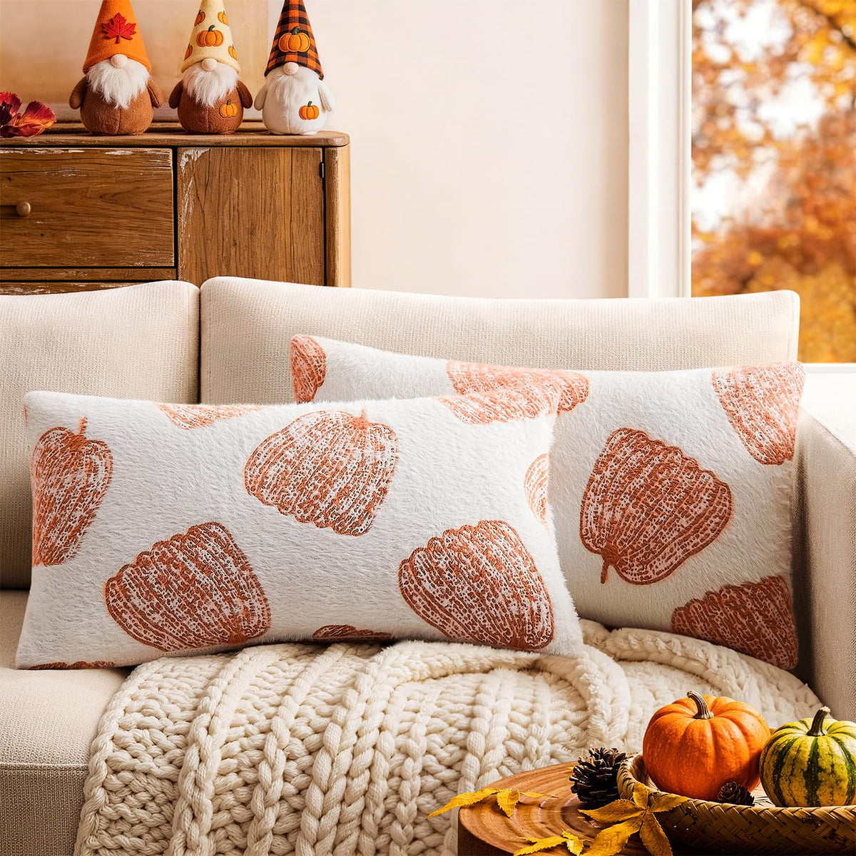 Throw Pillow Covers Set of 2 18x18 White Pumpkins Fall Camel Covers, Soft Faux Decorative Yellow Covers for Couch Sofa Bed Living Room, Farmhouse Home Boho Decor