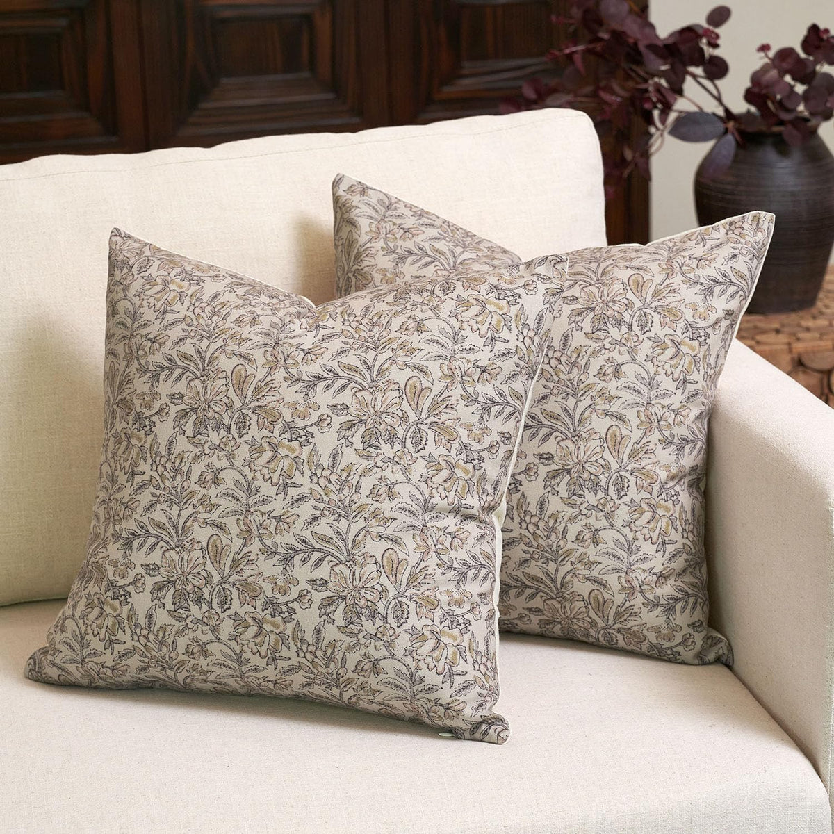 Amor Virisso Floral Throw Pillow Covers 18x18 Set of 2 Vintage Block Print Pillow Covers Decorative Pillow Covers Couch Pillows for Living Room Farmhouse Accent Sofa Pillows, Red/Sand