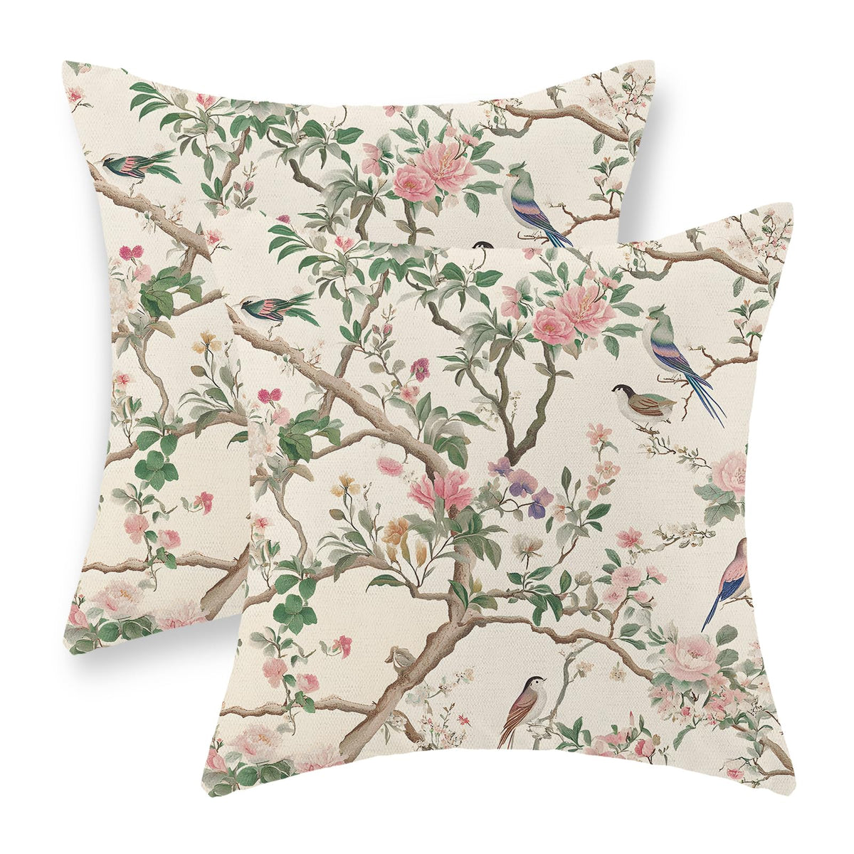 Sage Green Pillow Covers 18x18 Set of 2 Light Green Chinoiserie Bird Floral Throw Pillows Outdoor Decor Vintage Hummingbird Flower Pillow Cases Linen Decorative Cushion Cover for Couch Sofa
