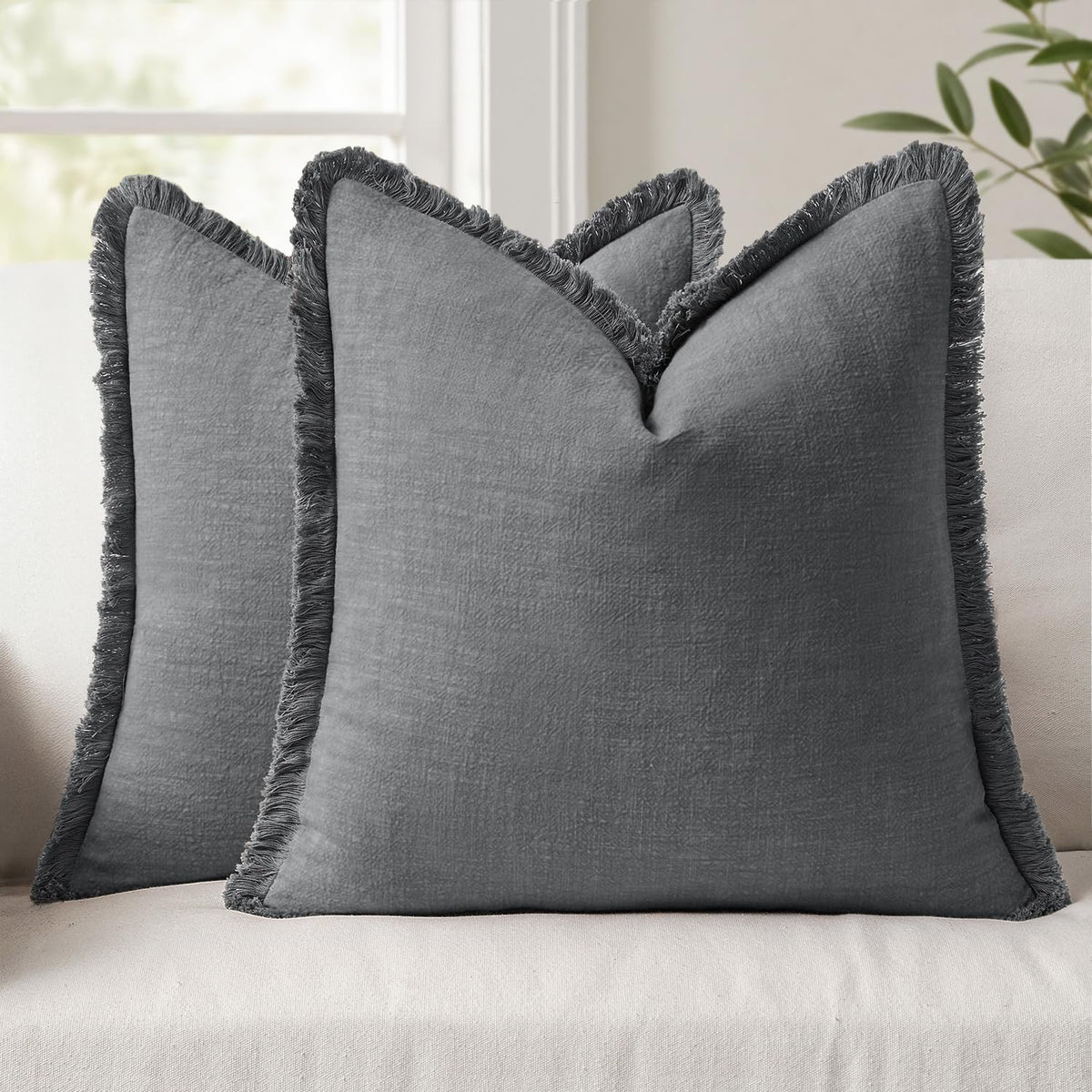 ANRODUO Decorative Linen Fringe Pillow Covers 18×18 Inch Sage Green 2 Pack