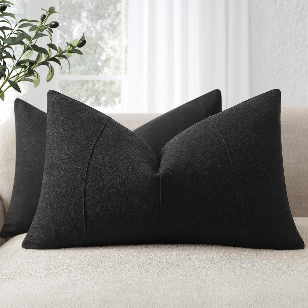 Decorative Linen Throw Pillow Covers 18x18 Set of 2 Solid handcrafted Striped Cushion Covers for Bed Soft Modern Farmhouse Neutral Pillowcase for Couch Bedroom Living Room Home Decor(Cream White)