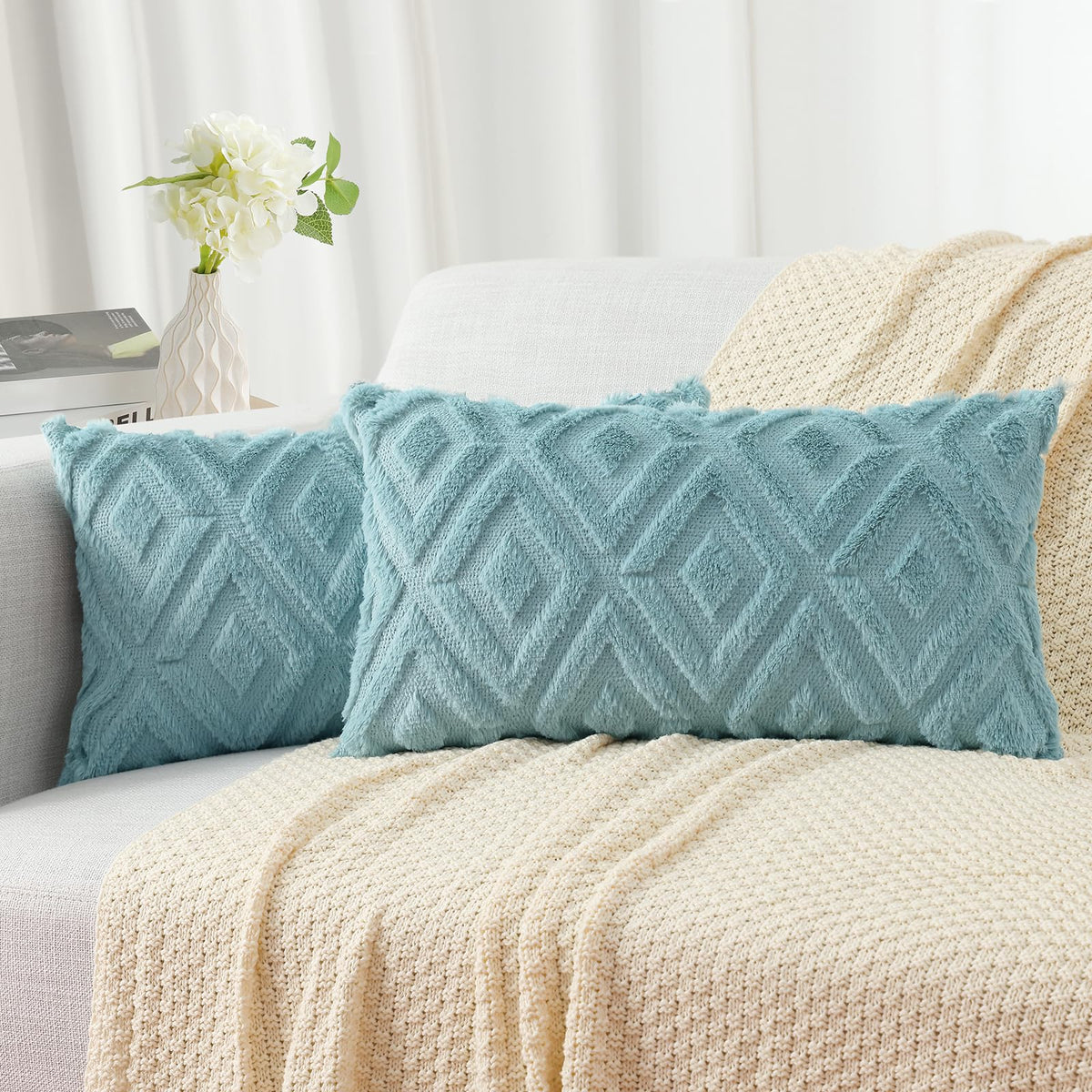 Pallene Fall Cream White Faux Fur Throw Pillow Covers 18x18 Set of 2