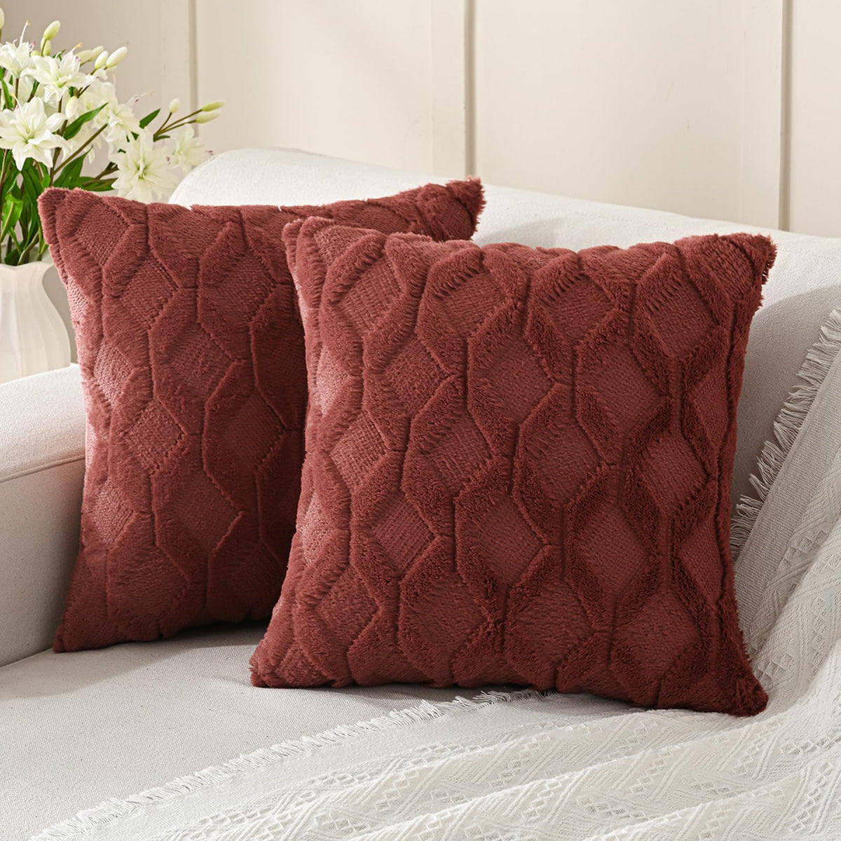 Volcanics Pack of 2 Faux Wool Light Brown Throw Pillow Covers 20x20 Inch