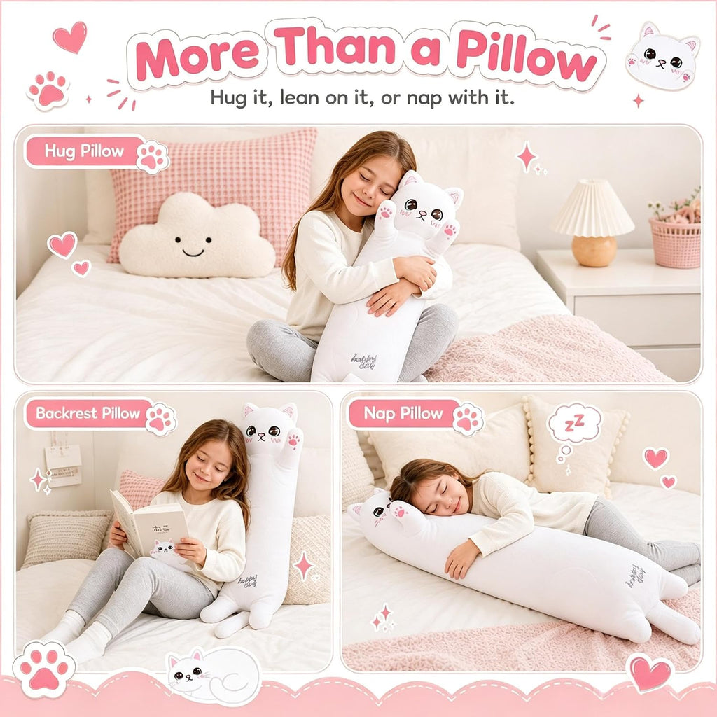 Cat Soft Plush Pillow Cute Cat Plush, Long Stuffed Cat Toy Kitten Gift for Kids Girlfriend(50CM,White)