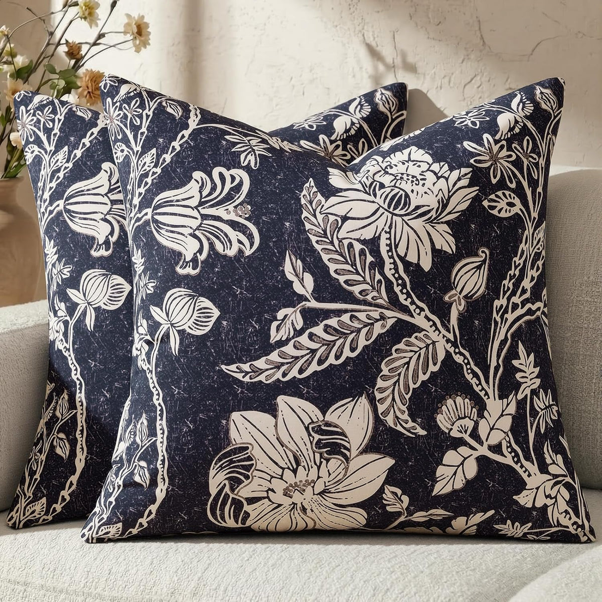Cotton Navy Blue 18x18 Floral Decorative Sofa Couch Throw Pillow Covers