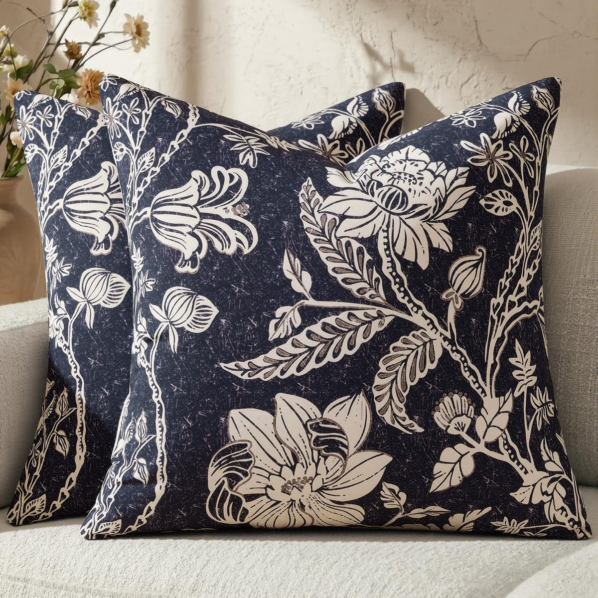 Cotton Navy Blue 18x18 Floral Decorative Sofa Couch Throw Pillow Covers