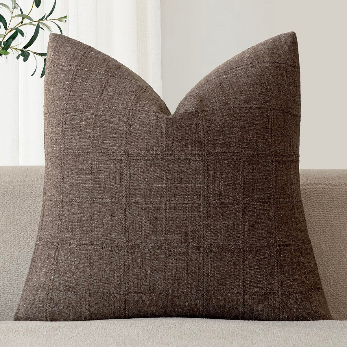 Foindtower Set of 1 Decorative Linen Check Throw Pillow Cover Neutral Farmhouse Lumbar Cushion Cover Modern Boho Home Decor for Sofa Chair Couch Bedroom Living Room,12×20 Inch,Olive Green