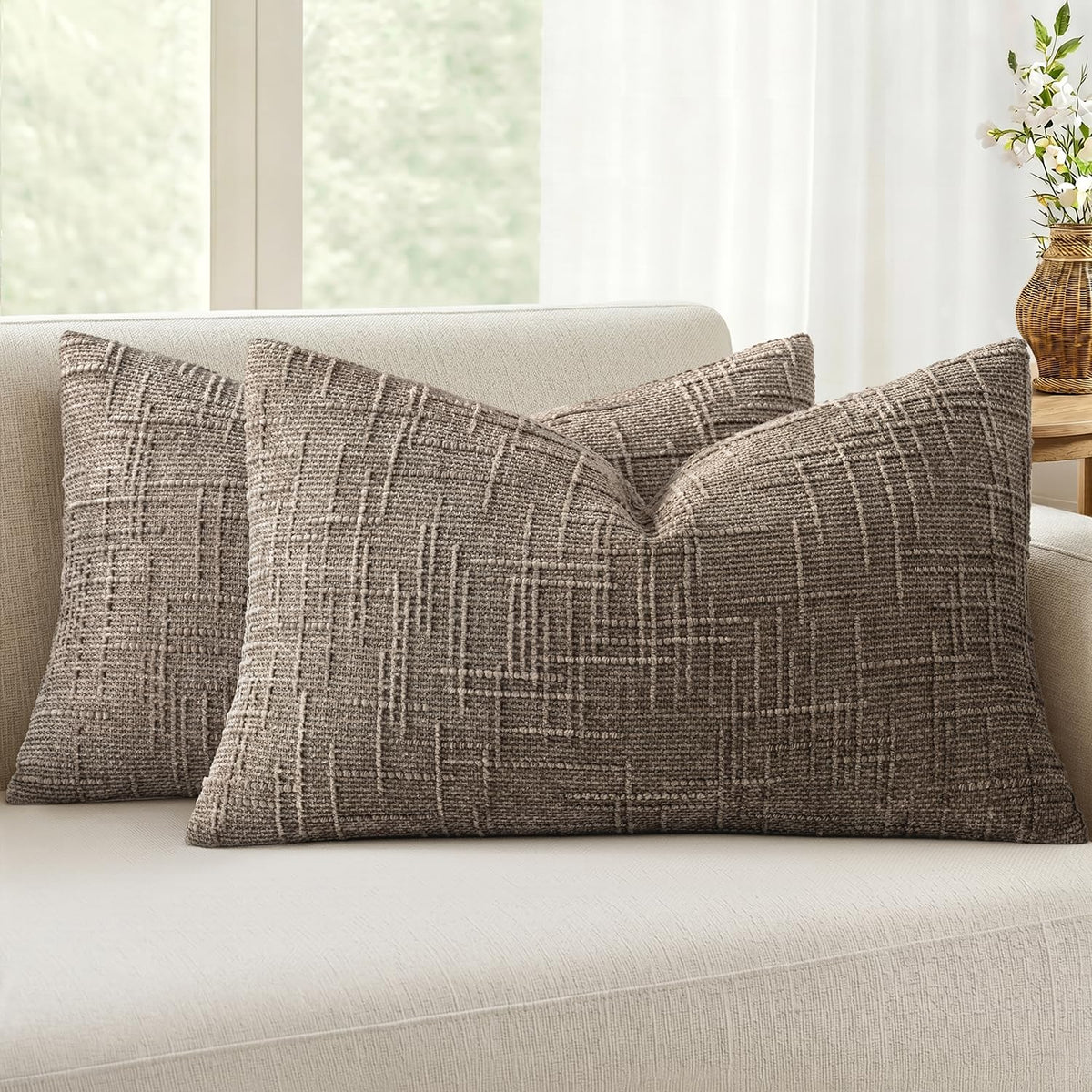 MIULEE Chenille Textured Throw Pillow Covers Cream White 18x18 Set of 2