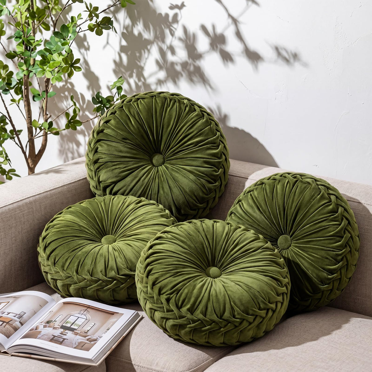 Kathfly 4 Pcs Round Throw Pillows Velvet Pleated Pillows, Vintage Colors