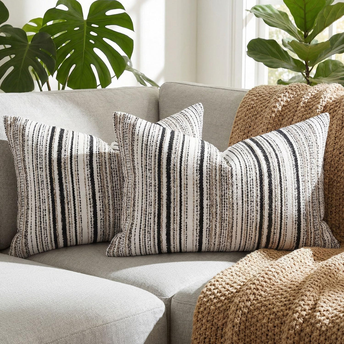 Set of 2 Striped Chenille Throw Pillow Covers 18x18 Inches Premium Plush Textured Decorative Cushion Covers Reinforced Hidden Zipper Mid-Century Modern Farmhouse Decor for Couch Sofa Beige