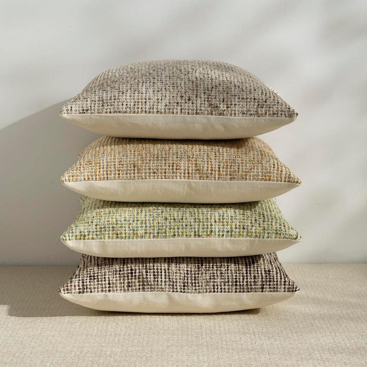 Pack of 2 Neutral Throw Pillow Covers 18x18 Boho Textured Dots Stripe Chenille Square Decorative Pillow Cases Accents for Living Room Couch Bed Farmhouse Home Decor, Taupe