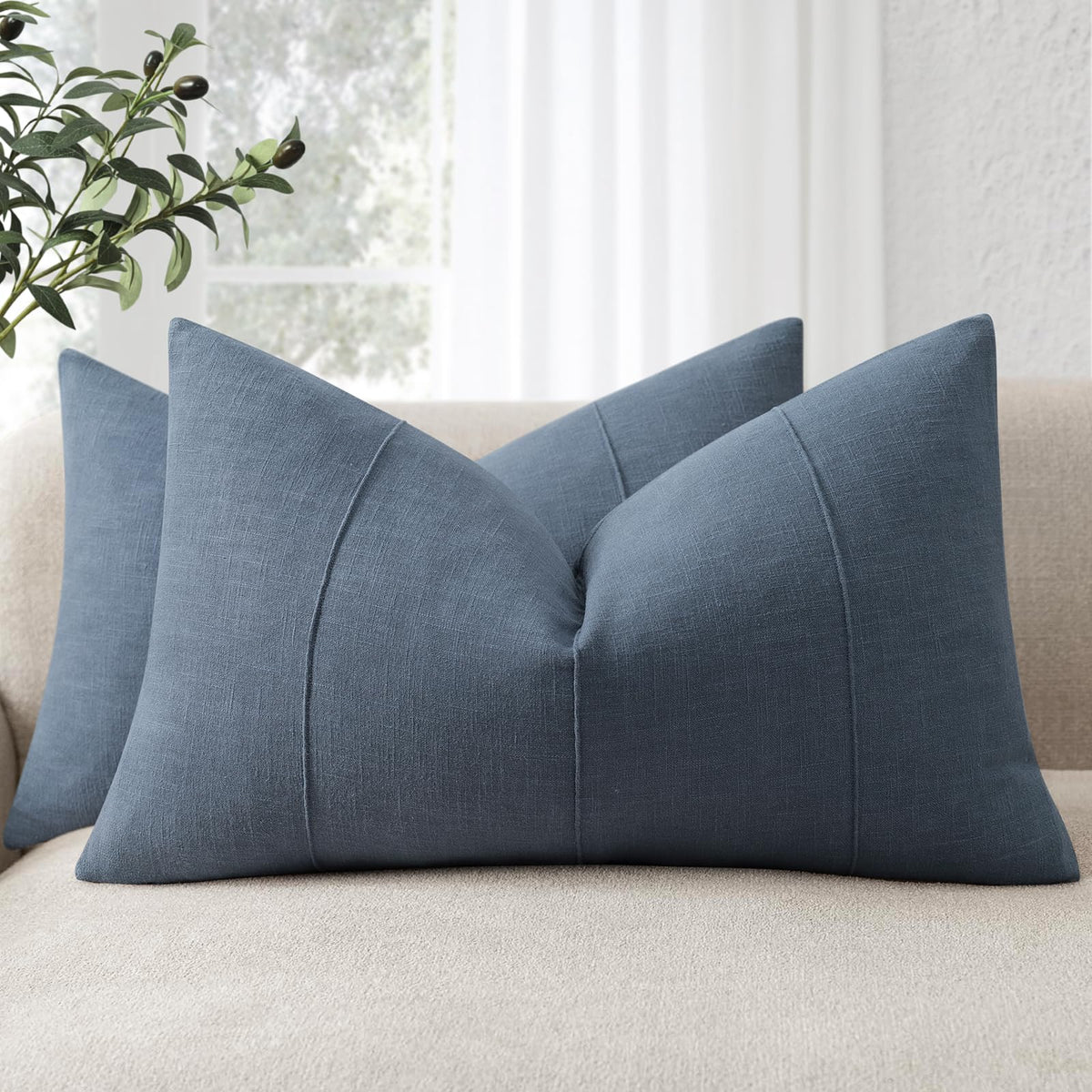 Decorative Linen Throw Pillow Covers 18x18 Set of 2 Solid handcrafted Striped Cushion Covers for Bed Soft Modern Farmhouse Neutral Pillowcase for Couch Bedroom Living Room Home Decor(Cream White)