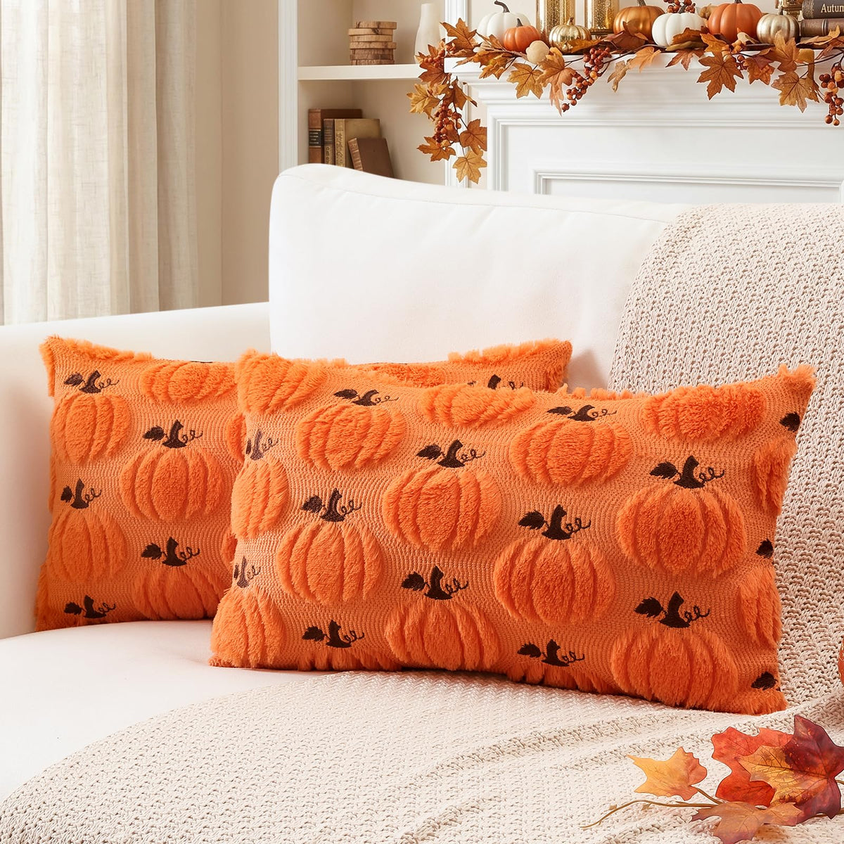 Artscope Fall Pumpkin Throw Pillow Covers 18x18 Set of 2, Autumn Soft Plush Faux Fur Decoration Cushion Covers for Thanksgiving Holiday Couch Sofa Bedroom Home Decor-Beige