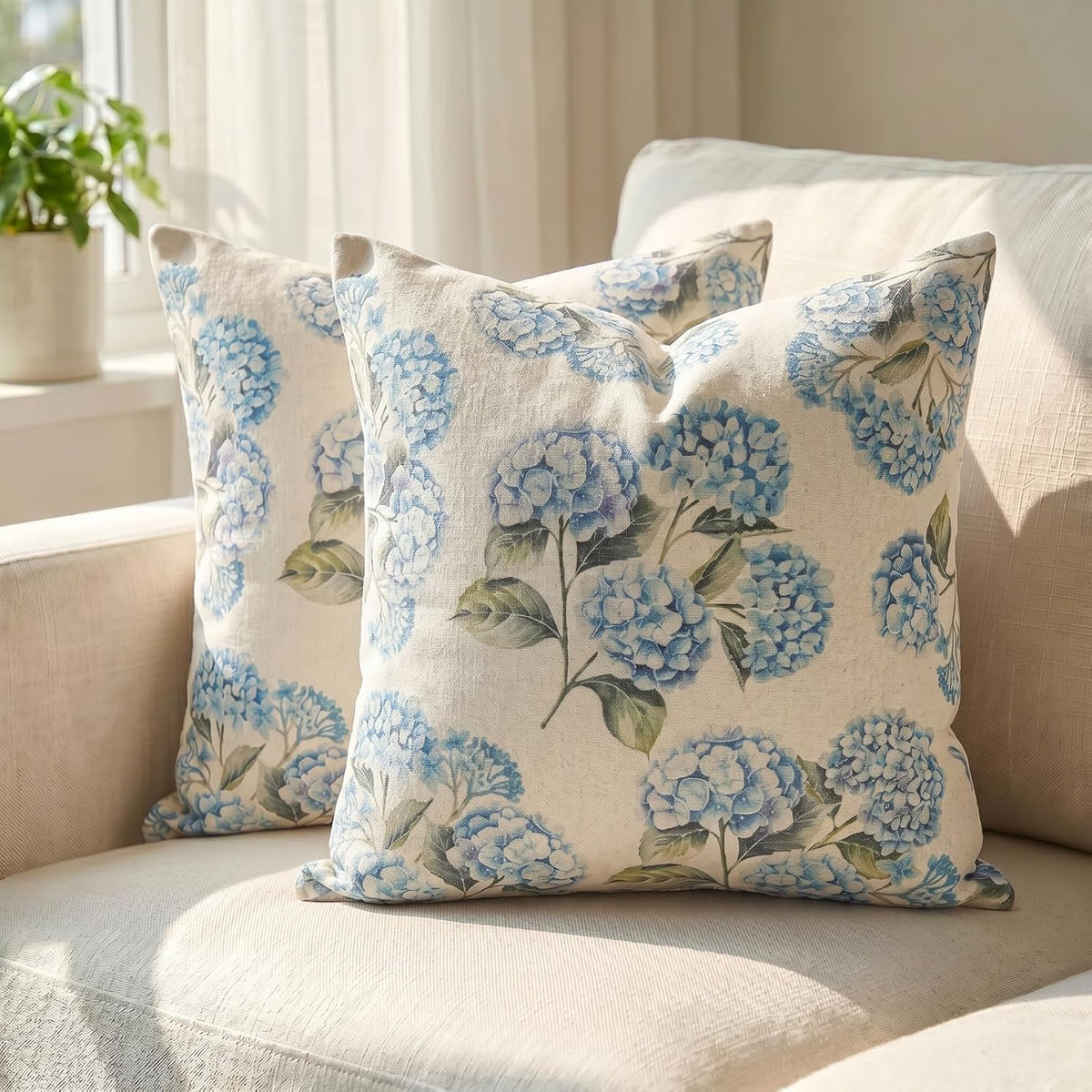 GEEORY Hydrangea Floral Throw Pillow Covers Set of 2, 18x18, Blue