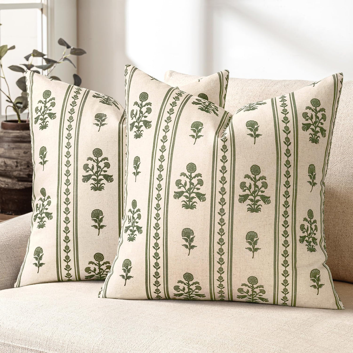 Striped Floral Throw Pillow Covers 18x18 Inch Set of 2 Brown