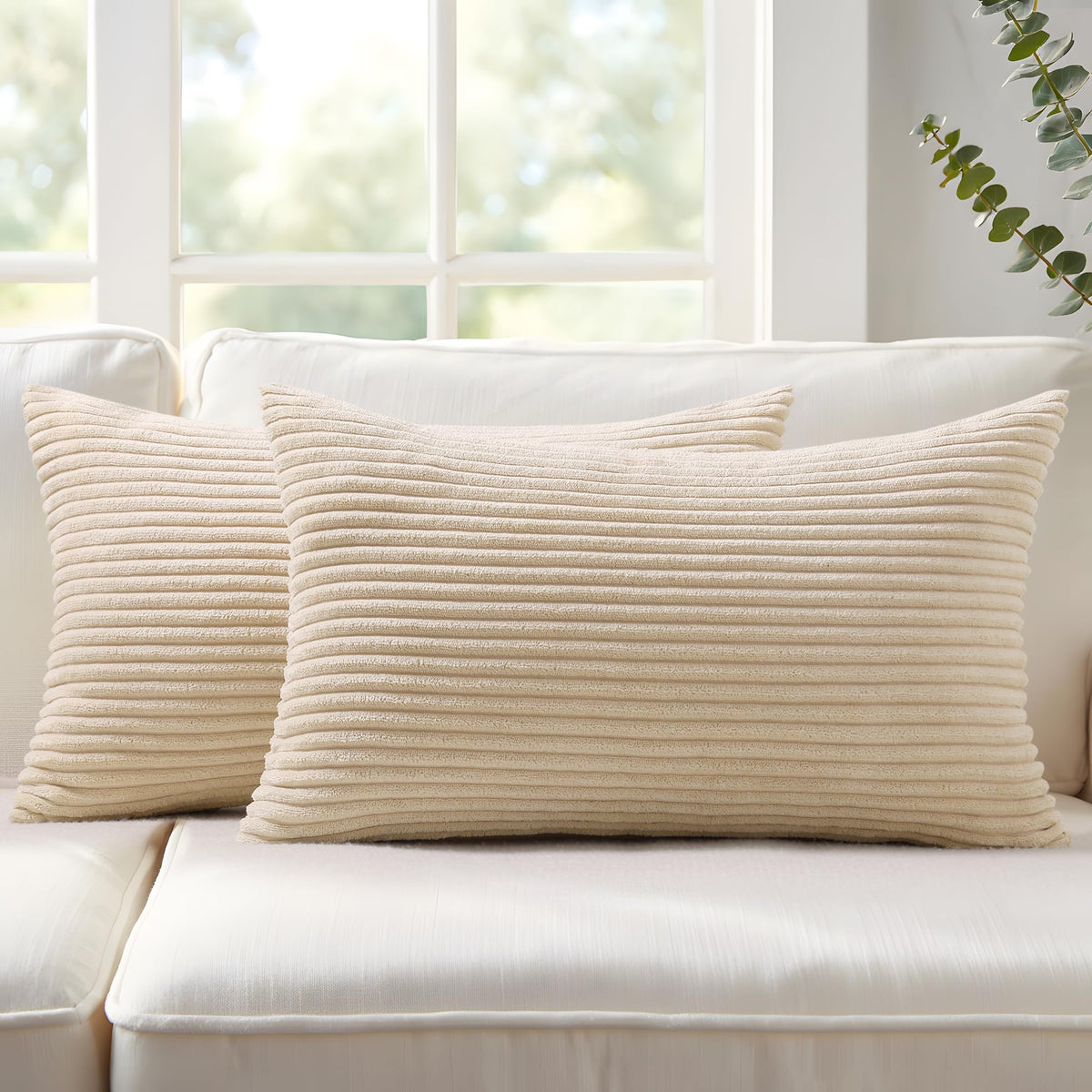 Mecatny Corduroy Fall Throw Pillow Covers 18x18 Set of 2 Cream White