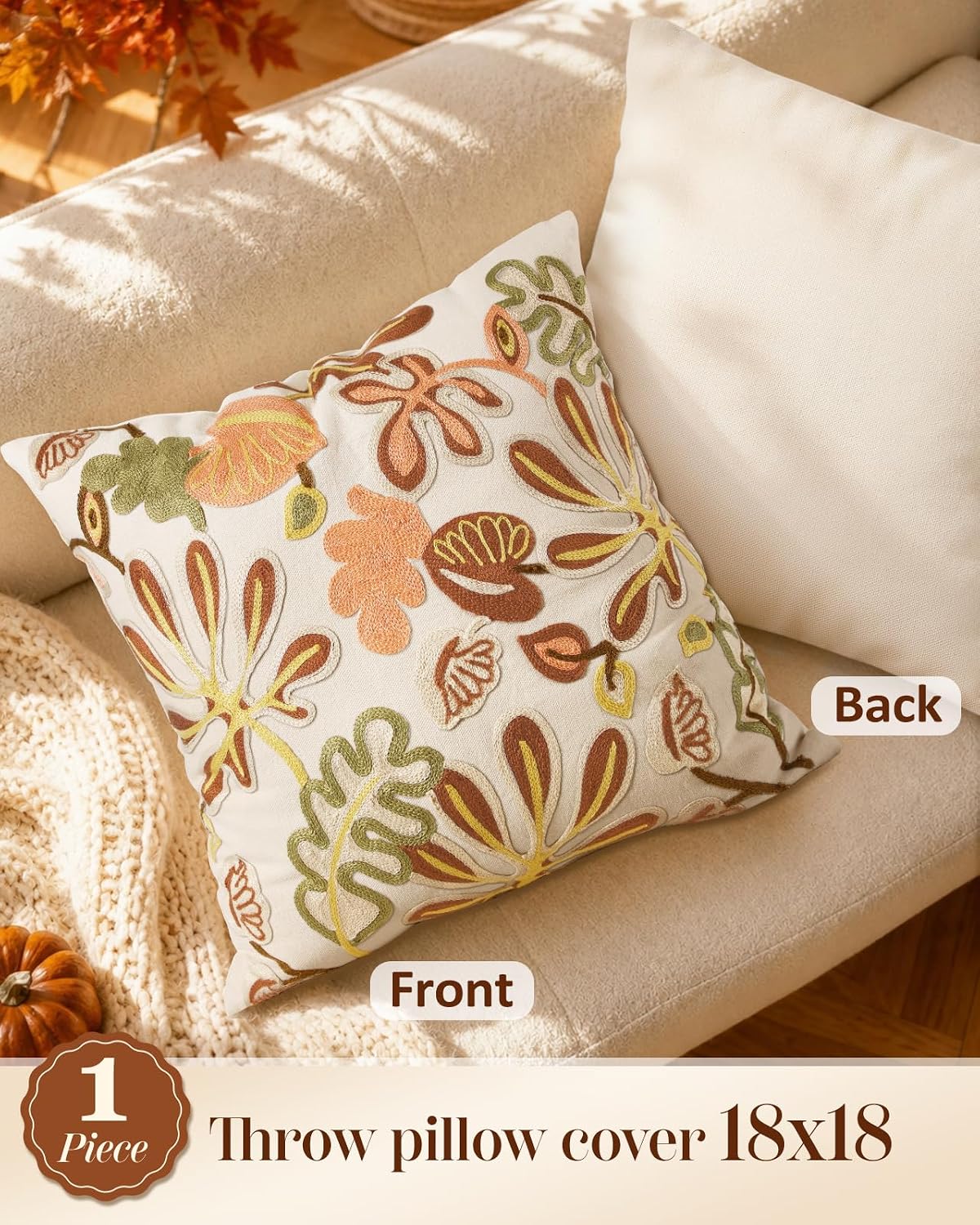 Embroidered Throw Pillow Cover, 18x18 Inch, Fall Abstract Floral