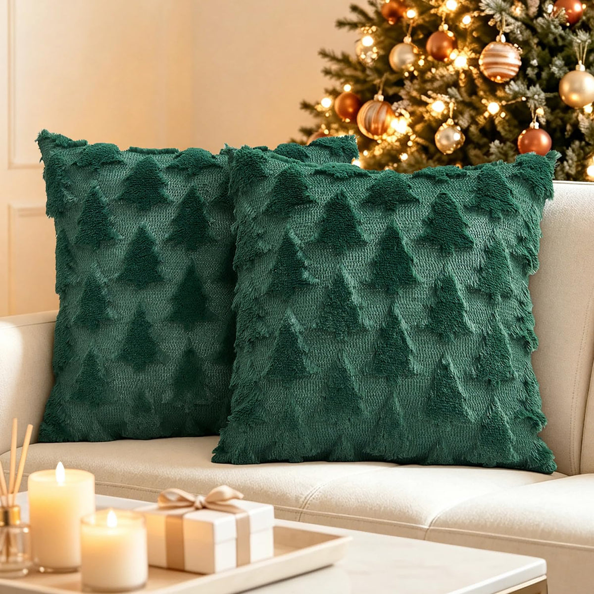 VISIONTEX Christmas Plaid Pillow Covers 18x18 Inch, Green Tartan Set of 2