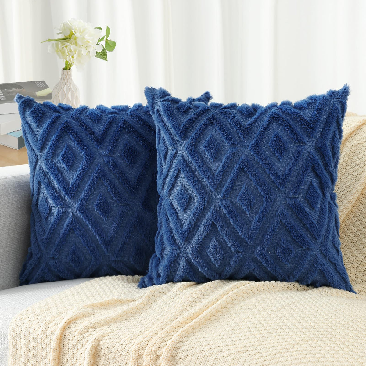 Pallene Fall Cream White Faux Fur Throw Pillow Covers 18x18 Set of 2